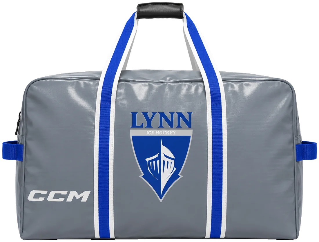 Gray CCM team equipment bag with blue straps made for Lynn University ice hockey