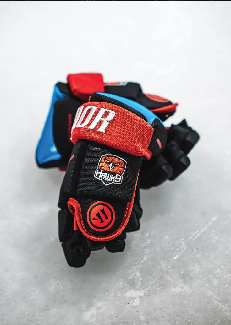Pair of custom Hawks team gloves resting on the ice
