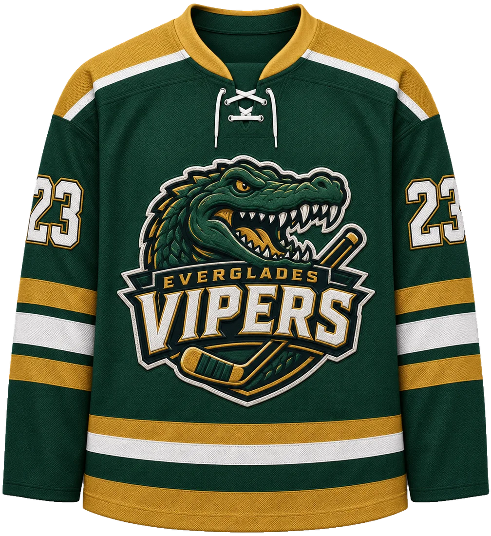 Everglades Vipers custom jersey in green and gold with gator crest