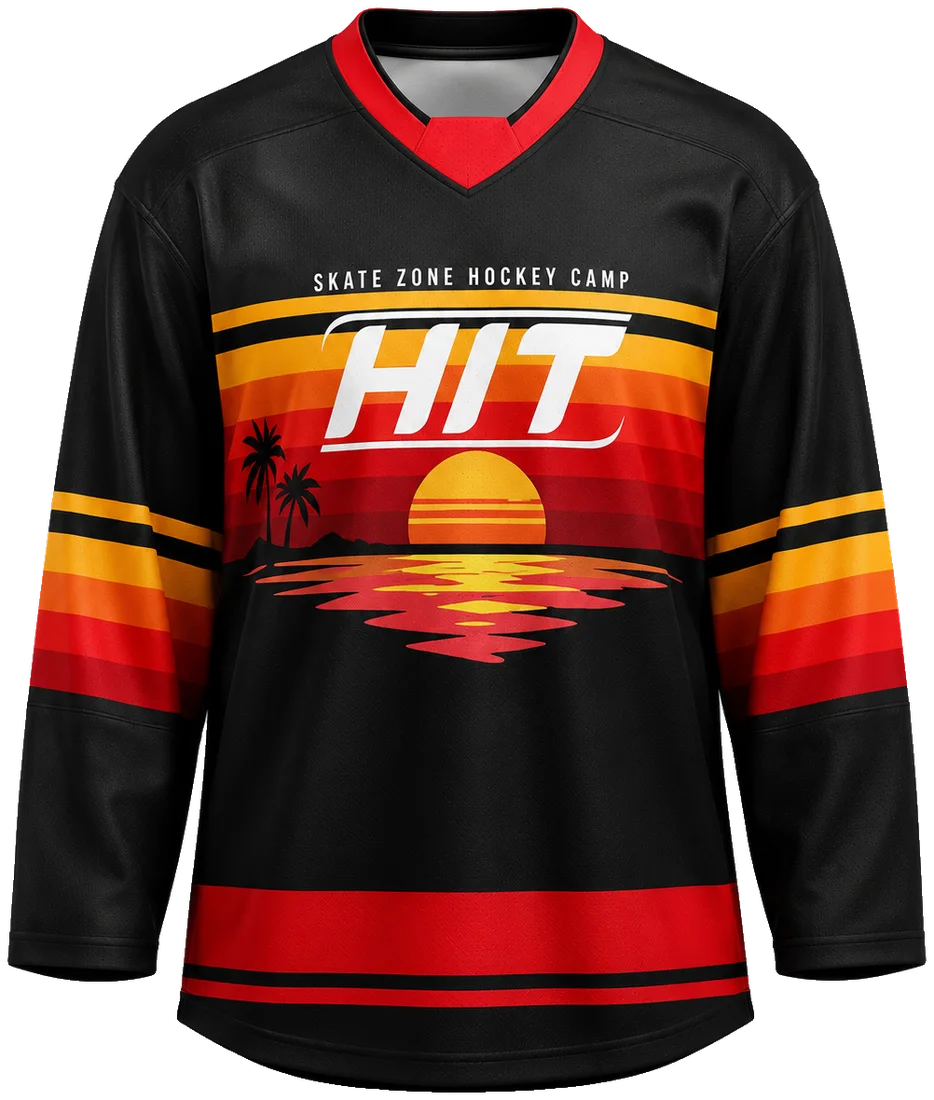 Black sunset camp jersey with red and orange stripes
