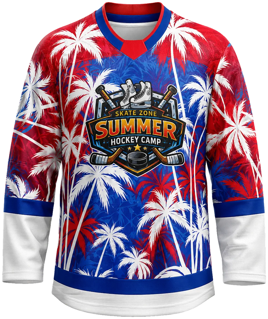 Red white and blue palm print camp jersey