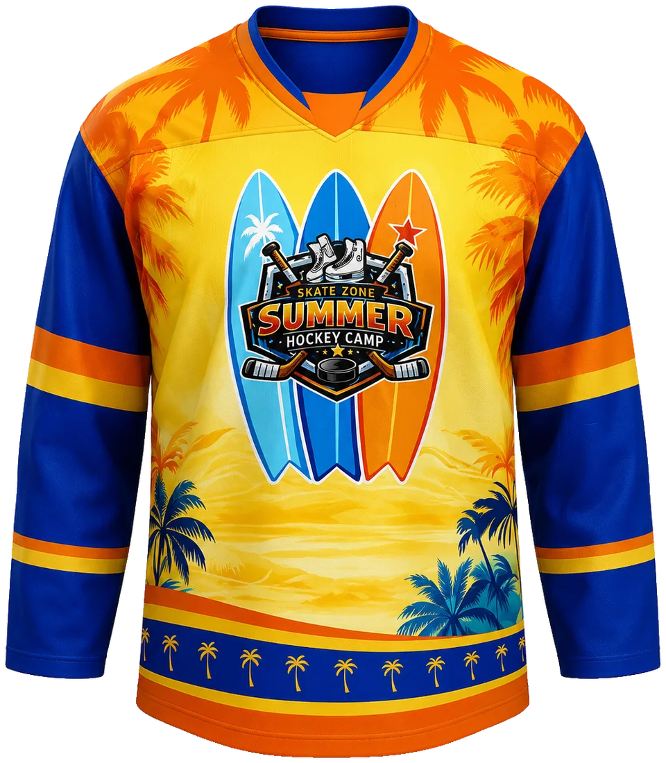 Orange and blue surfboard camp jersey