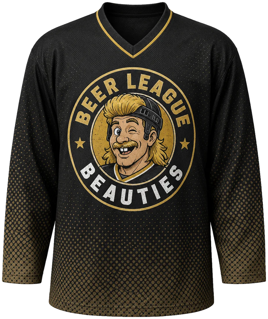 Beer league jersey in black and gold with retro crest