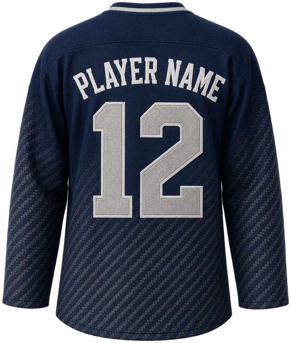 Navy pinstripe jersey back with player name and number