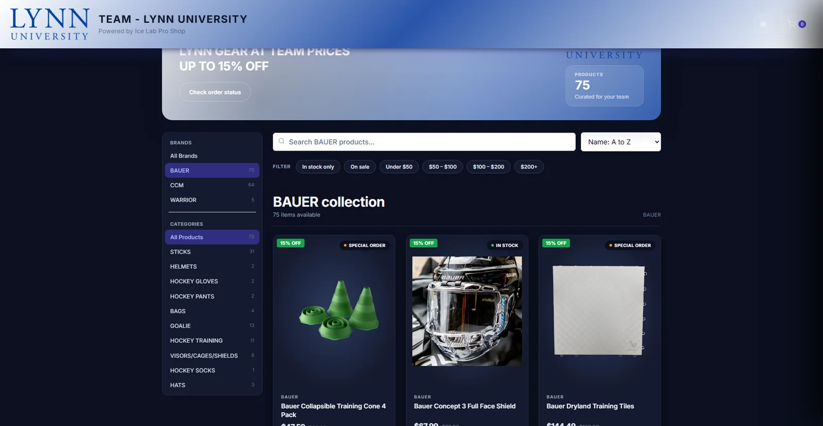Lynn University team store Bauer collection with filters and team pricing