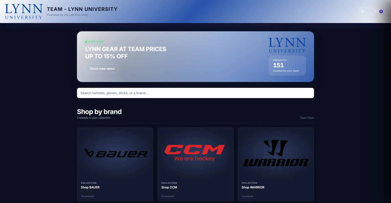 Lynn University team store home page with shop by brand collections